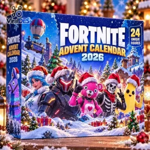 Front view of the Fortnite Advent Calendar 2026 featuring holiday characters in a snowy winter scene.