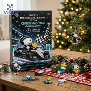 Front view of Snoopy x Mercedes AMG Petronas Christmas 2026 Advent Calendar with character charms.