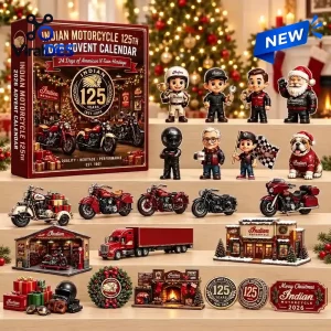 Front view of Indian Motorcycle 125th Anniversary 2026 Advent Calendar box and displayed figurines.