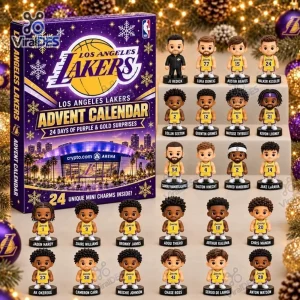 Front view of Los Angeles Lakers 2026 Advent Calendar box alongside twenty-four mini figurines.