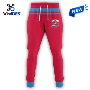 Front view of red sweatpants with blue waistband, white drawstrings, and a WNBA Finals graphic.