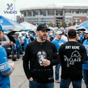 Man wearing Detroit Lions Villain black custom football jersey with lion graphic outdoors at a tailgate.