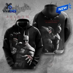 Front and back view of a black Batman Arkham City 15th Anniversary hoodie with character graphics.
