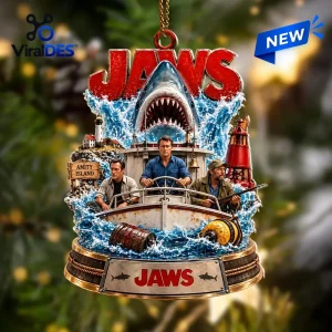 Front view of a Jaws Amity Island Christmas holiday ornament featuring a shark, boat, and characters.