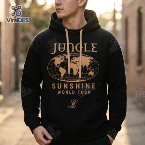 Front view of a black Jungle Sunshine World Tour Merchandise Hoodie with a world map graphic.