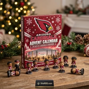 Front view of an Arizona Cardinals 2026 Advent Calendar box surrounded by small player figurines on a wooden table.