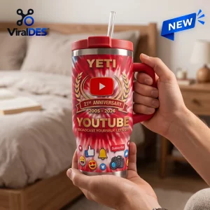 Front view of a red handle tumbler featuring 21st anniversary graphics.