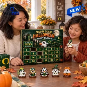 Front view of an Oregon Ducks Halloween Advent Calendar 2026 with figurines on a table.