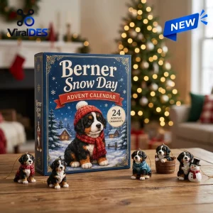 Front view of the Berner Snow Advent Calendar 2026 box with 24 acrylic ornaments arranged on a wooden table.
