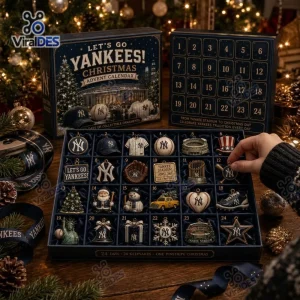 Top view of a New York Yankees Christmas Advent Calendar opened to reveal twenty-four holiday ornaments.