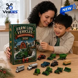 Mother and son opening the Farm Life Vehicles Advent Calendar 2026 with toy vehicles on a wooden table.