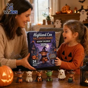 Woman and child opening a Highland Coo Halloween Haunt Advent Calendar 2026 box with figures on the table.
