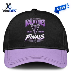 Front view of a black cap with a purple brim and Golden State Valkyries 2026 Finals graphic.