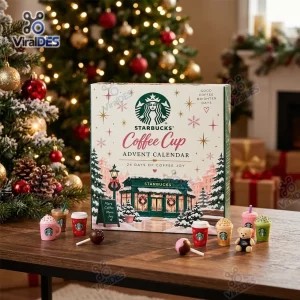 Front view of Starbucks Coffee Cup Advent Calendar 2026 with miniature cups on a table.