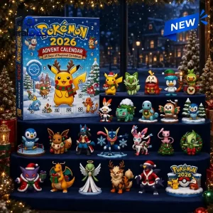 Front view of Pokemon 2026 Christmas Advent Calendar box with figures displayed on shelves.