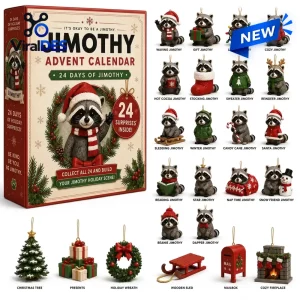 Front view of the Jimothy Raccoon Christmas Advent Calendar box with miniature toy figures displayed alongside.