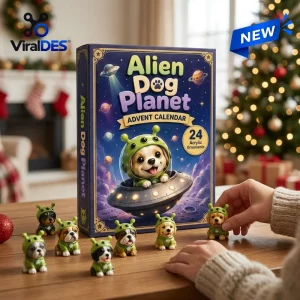 Front view of an Alien Dog Planet Advent Calendar box with miniature alien dog figurines arranged on a table.