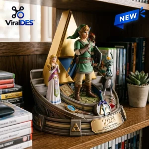Front view of The Legend of Zelda 40th Anniversary Diorama Figure on a bookshelf.