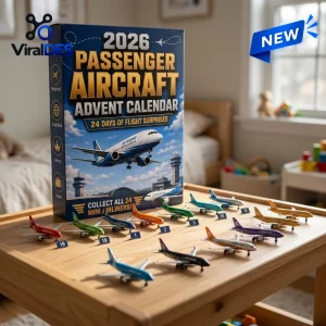 Passenger Aircraft Advent Calendar box displayed with small toy airplanes arranged on a wooden table.