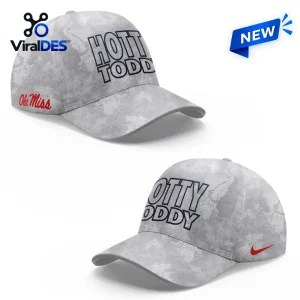 Front and side views of a grey patterned baseball cap featuring text and a red logo.