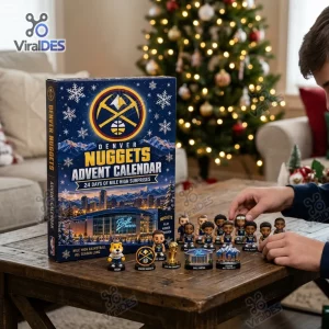 Close-up view of the Denver Nuggets Basketball Advent Calendar box and figurines on a wooden table.