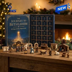 Front view of The Journey to Bethlehem Advent Calendar 2026 with numbered drawers and Nativity figurines displayed.