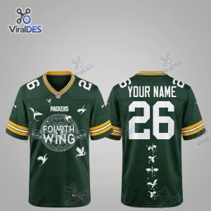 Front and back views of a green Green Bay Packers Fourth Wing custom football jersey with dragon graphics.