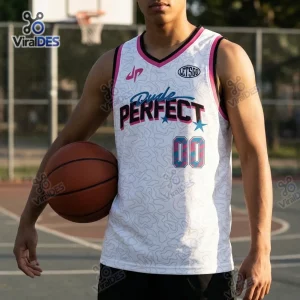 Front view of a person wearing a white Dude Perfect Squad Games Tour basketball jersey holding a basketball.