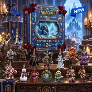 Front view of the World of Warcraft 2026 Advent Calendar book box surrounded by miniature collectible figurines.