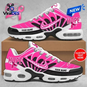 Side view of pink and white Breast Cancer Awareness Custom Name Air Max Plus Shoes featuring hope text and ribbons.