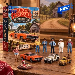 Front view of The Dukes of Hazzard 2026 Advent Calendar box displayed with toy cars and figurines.