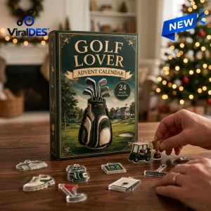 Front view of a Golf Lover Advent Calendar with acrylic ornaments on a wooden table.