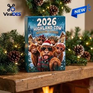Front view of Highland Cow 2026 Advent Calendar box featuring festive cows on mantle with pine needles.