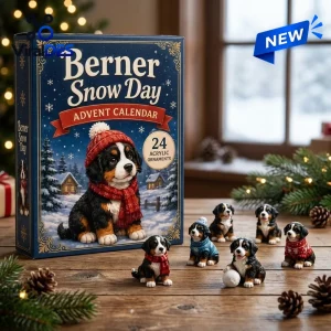 Front view of Berner Snow Advent Calendar 2026 box with matching puppy ornaments on a wooden table.