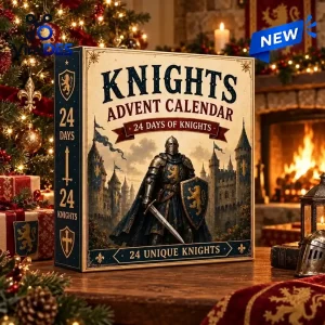 Front view of Medieval Knights Advent Calendar 2026 packaging featuring knight artwork and castle background.