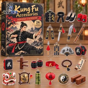 Front view of Kung Fu Accessories Advent Calendar box next to twenty-four acrylic martial arts ornaments.