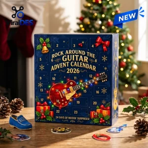 Front view of Elvis Presley Rock Around The Guitar Advent Calendar box with numbered doors and guitar graphic.