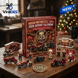 Front view of the Indian Motorcycle 125th Anniversary 2026 Advent Calendar box surrounded by miniature figurines.