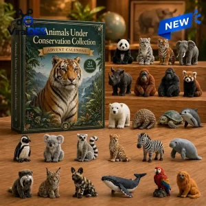 Animals Under Conservation Collection Advent Calendar 2026 box with miniature animal figurines arranged on wooden steps.