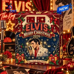 Front view of an Elvis Presley Christmas Advent Calendar featuring numbered doors and festive holiday graphics.