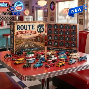 Front view of a Route 66 Centennial 1926-2026 Advent Calendar with numbered drawers and 24 miniature vehicles arranged on a diner table.