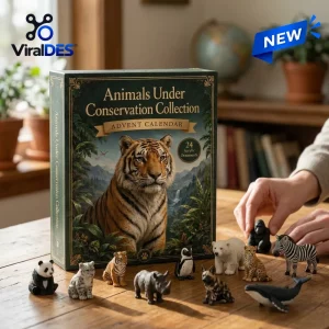 Front view of Animals Under Conservation Collection Advent Calendar 2026 with tiger box and figurines on table.