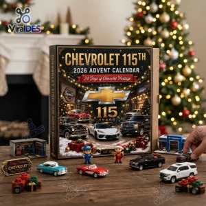 Front view of the Chevrolet 115th Anniversary Advent Calendar 2026 surrounded by miniature toy cars and figures.