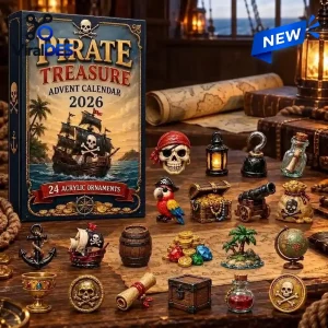 Front view of Pirate Treasure 2026 Advent Calendar box alongside miniature pirate-themed acrylic ornaments.