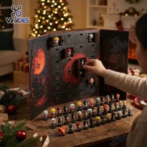 Person opening a numbered drawer in a Naruto Advent Calendar 2026 with mini figures displayed on a wooden table.