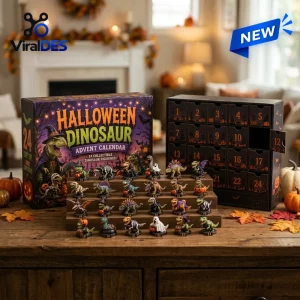 Front view of a Halloween Dinosaur Advent Calendar with numbered boxes and toy figurines displayed on tiers.