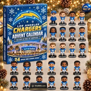 Front view of the Los Angeles Chargers 2026 Advent Calendar box alongside twenty-four mini figurines.
