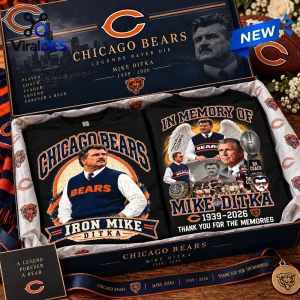 Top view of a Chicago Bears Iron Mike Ditka shirt displayed in a commemorative gift box.