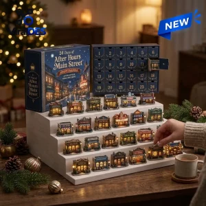Front view of After Hours Main Street Advent Calendar with miniature buildings on display tiers.