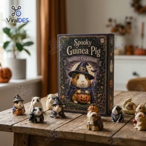 Front view of a Spooky Guinea Pig Halloween Countdown Advent Calendar box with miniature figurines arranged on a wooden table.
